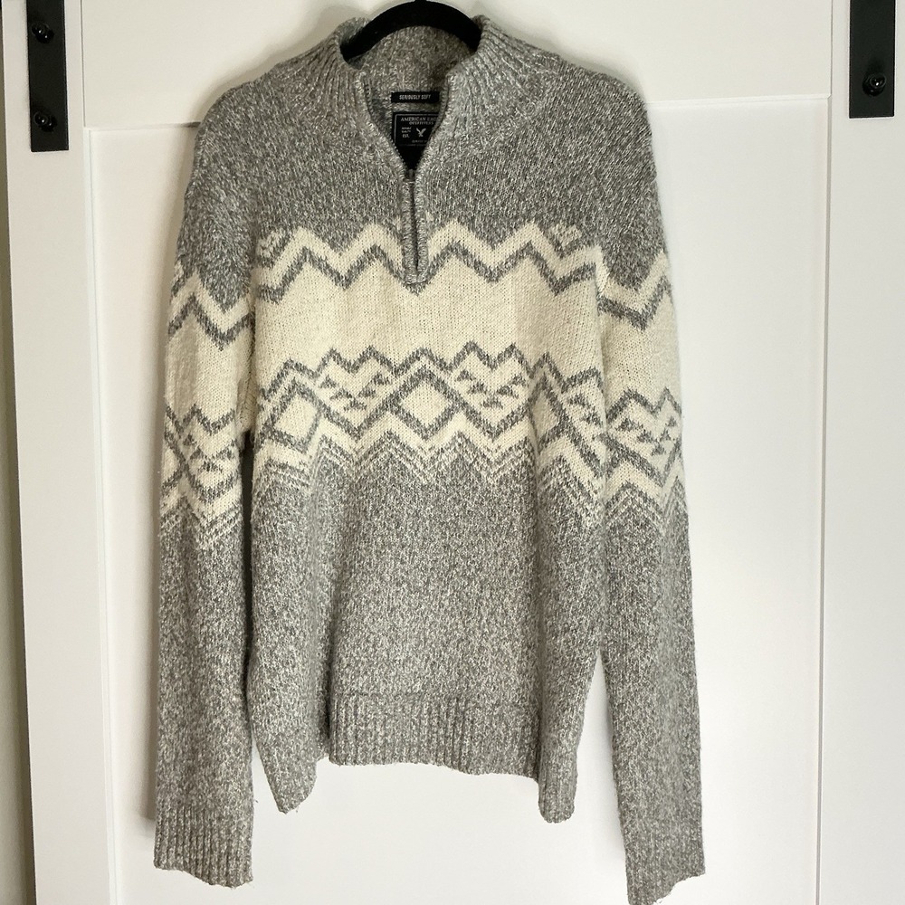 American Eagle Sweater Mens Medium‎ Gray Fair Isle 1/4 Zip Turtle Mock Gorpcore